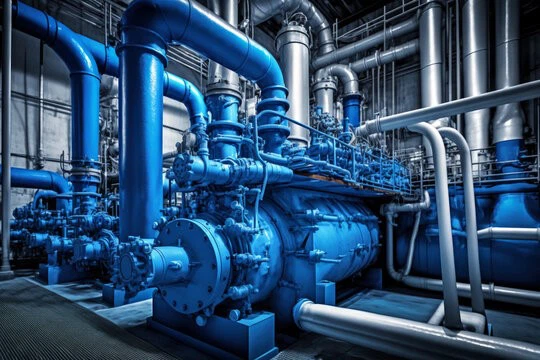 Blue pipes and valves in large industrial building Blue pipes and valves in large industrial building